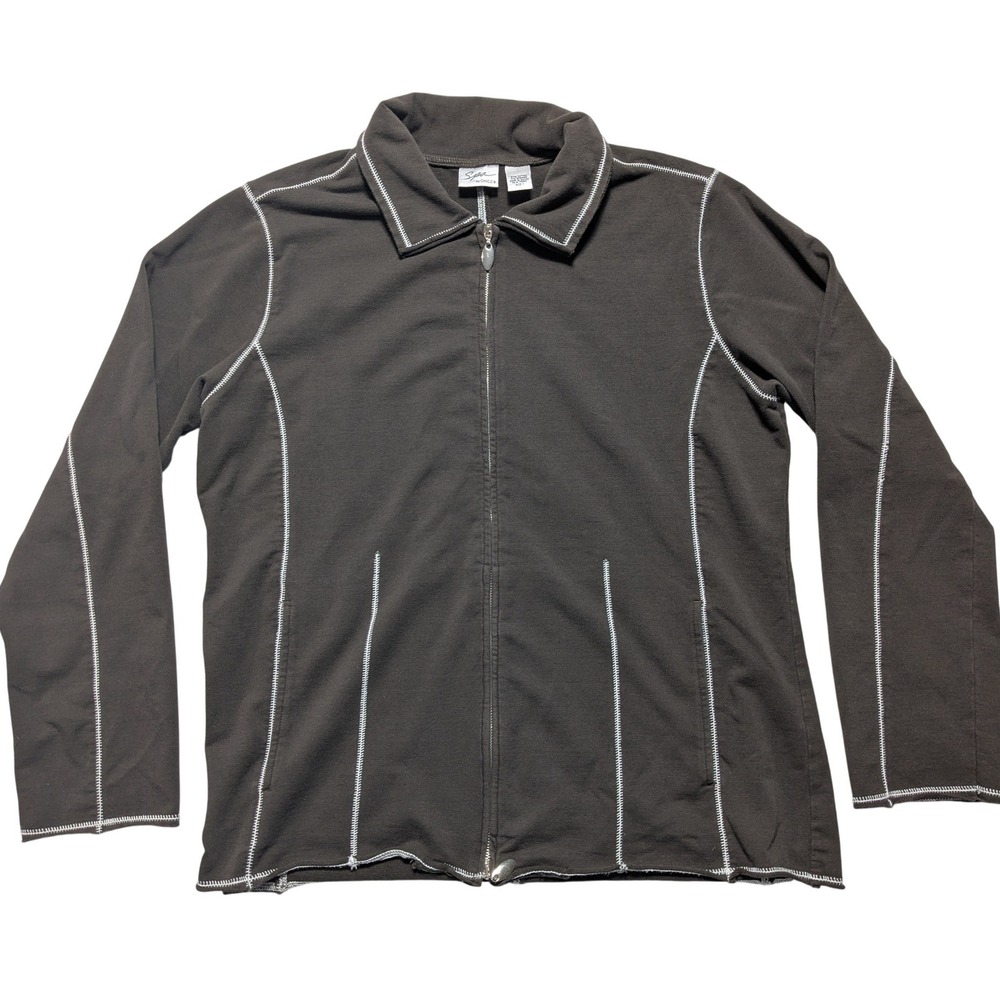 Spa by Chicos Brown Contrast Stitch Full Zip Jacket Cotton Blend Women 1 Medium